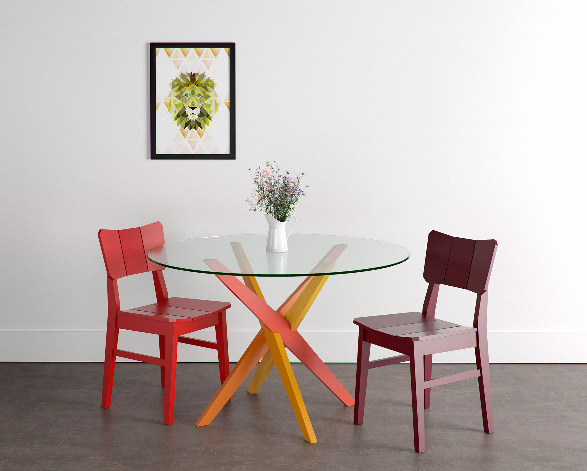 Sala de Jantar para duas pessoas com base de mesa colorida e cadeiras Uma coloridas também.