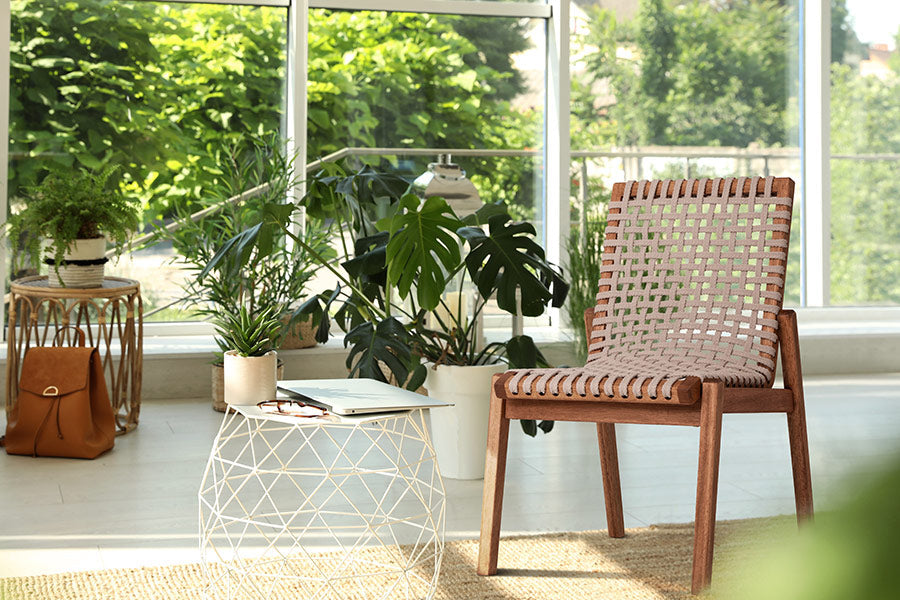 Varanda interna decorada com plantas e móveis confortáveis.